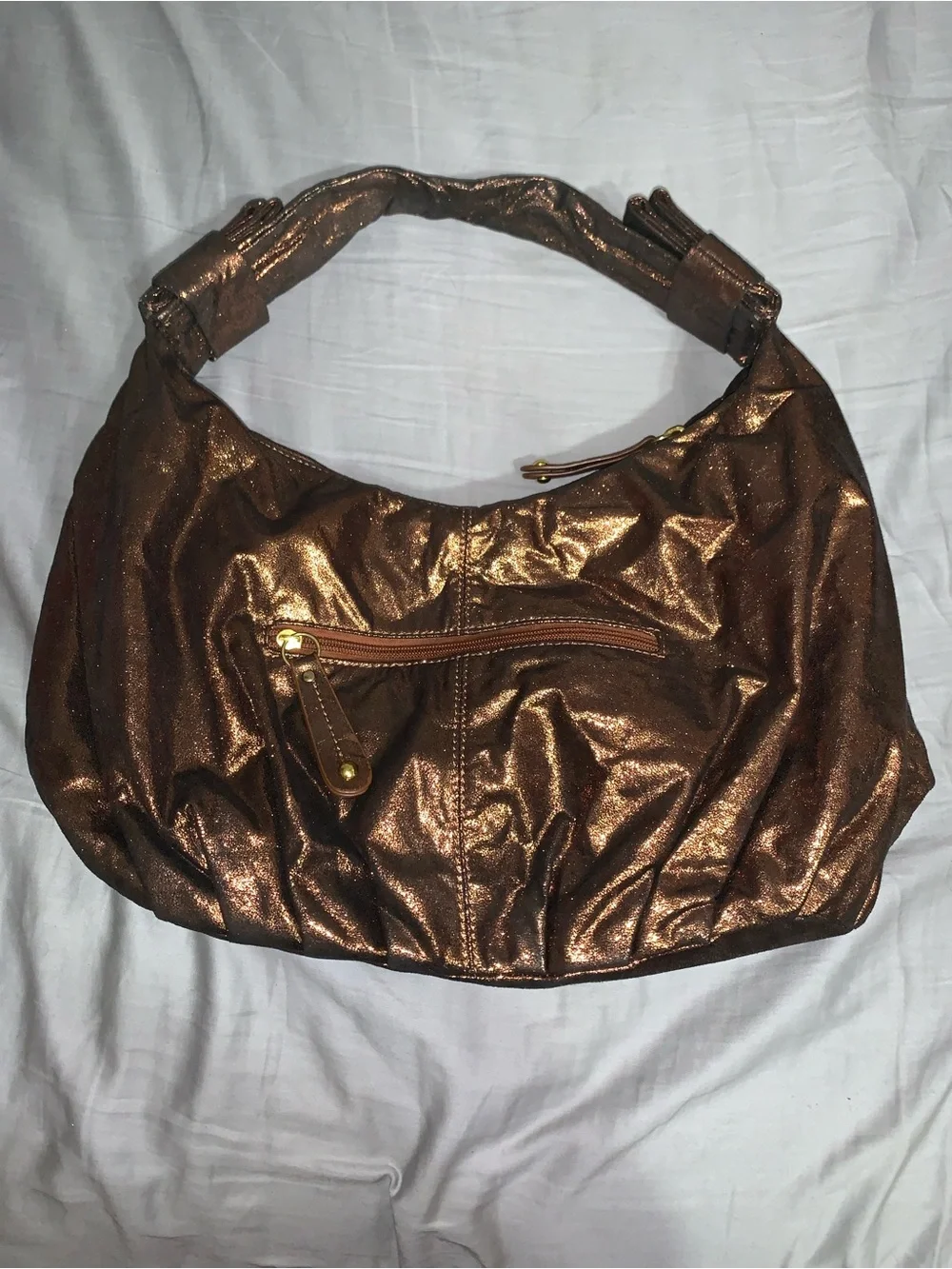 Metallic Bronze Slouchy Hobo Shoulder Bag Oversized Faux Leather